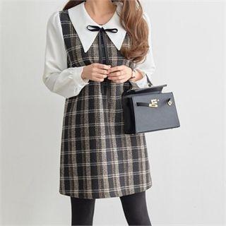 Detachable-ribbon Contrast-sleeve Plaid Mini Dress
