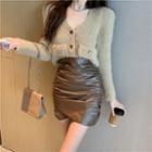 Cropped Cardigan / Faux Leather Mini Skirt / Set
