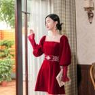 Square-neck Lantern-sleeve A-line Dress