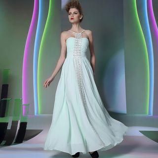 Embellished Lace Panel Chiffon Evening Gown