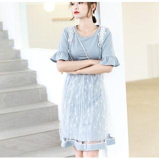 Set: Elbow-sleeve Frill Trim Mini Dress + Star Patterned Lace Suspender Skirt