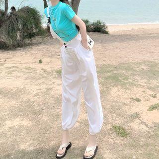 Short-sleeve Cut-out Cropped T-shirt / Single-strap Cropped Harem Jumper Pants