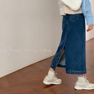 Button-up Denim Midi A-line Skirt