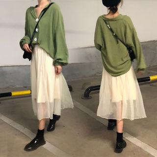 Drop-shoulder Button-trim Blouse Green - One Size