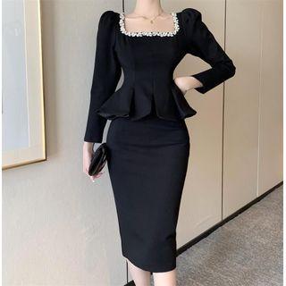 Long-sleeve Square Neck Top / Pencil Skirt / Set