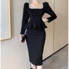 Long-sleeve Square Neck Top / Pencil Skirt / Set