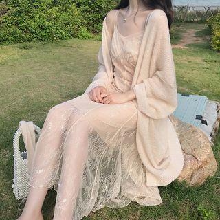 Set: Long Cardigan + Spaghetti Strap A-line Maxi Dress