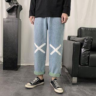 Cross Print Cropped Straight-fit Jeans