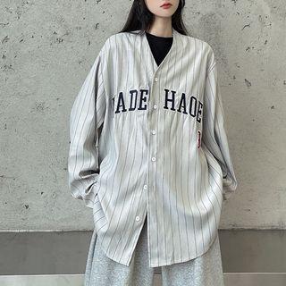 Lettering Striped Button-up Blouse