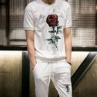 Set: Rose Print Short-sleeve T-shirt + Sweatpants