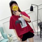 Elbow-sleeve Printed Hoop-accent T-shirt