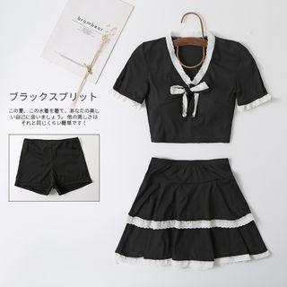 Set: Short-sleeve Lace Trim Swim Top + Swim Skirt + Shorts