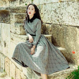 Collared Plaid Long-sleeve Midi A-line Dress