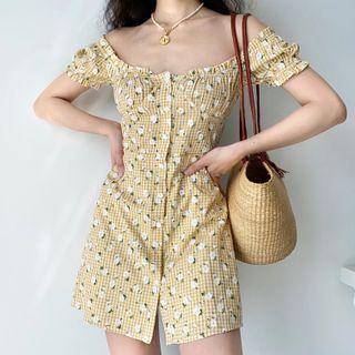 Off-shoulder Print Plaid Dress