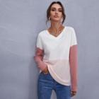 Long-sleeve V-neck Color Block Knit T-shirt