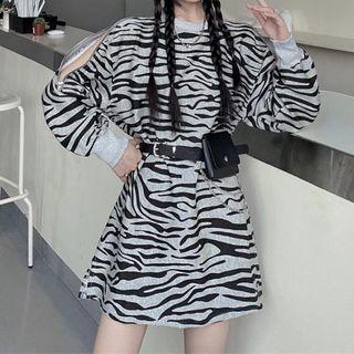 Zip Cold-shoulder Zebra Print Mini Dress With Belt Bag