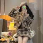 Houndstooth Woolen Padded Jacket / High-waist Skirt