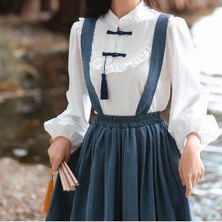Puff-sleeve Frog Buttoned Blouse / Overall Dress