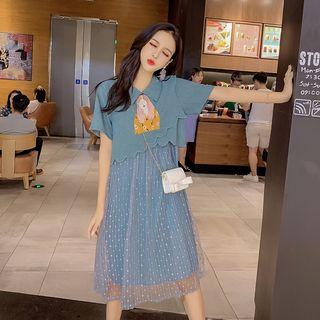 Mock Two-piece Short-sleeve Polka Dot Mesh Paneled Midi Dress
