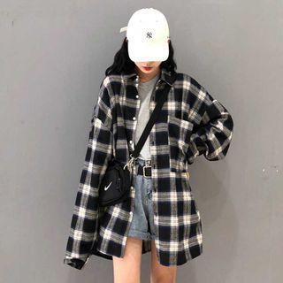 Long-sleeve Plaid Shirt / Camisole Top