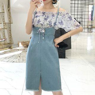Set: Elbow-sleeve Off Shoulder Top + Spaghetti Strap Denim Skirt