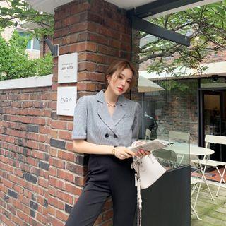Puff-sleeve Checked Crop Blazer Black - One Size