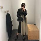 Set: Spaghetti Strap Two-tone Midi A-line Dress + Long-sleeve Cropped Blouse Dress - Almond & Black - One Size / Blouse - Black - One Size