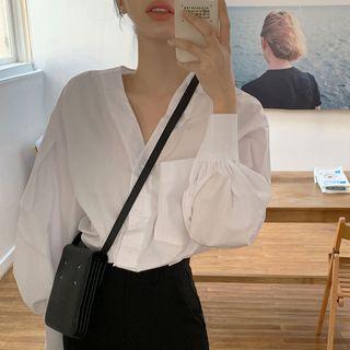 Pocket Front V-neck Blouse White - One Size