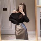 Plain Off-shoulder Long-sleeve Top / Glitter High-waist Skirt