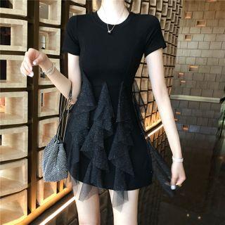 Glittered Mesh Panel Knit Mini Bodycon Dress