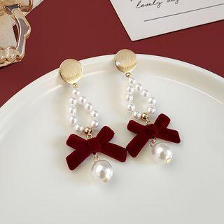 Bow Faux Pearl Drop Earring 1 Pair - Pearl - Gold & Red - One Size