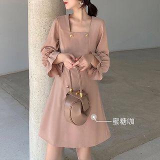 Buttoned Square-neck Long-sleeve A-line Dress