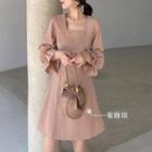 Buttoned Square-neck Long-sleeve A-line Dress