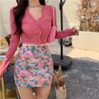 Plain Ruffle Long-sleeve Knit Cardigan / High Waist Floral Skirt