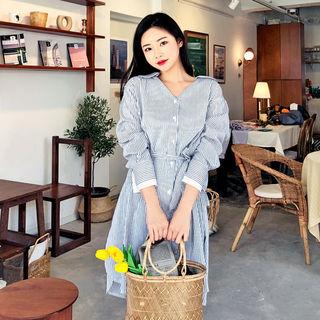 Open-placket Striped Shirtdress With Sash
