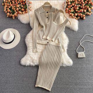 Set: Long Sleeve Check Knit Top + Tank Top + Skirt