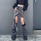 Set: Mid-rise Distressed Denim Mock Two Piece Mini Skirt + Denim Leg Warmers