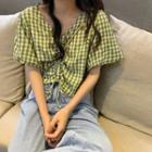 Gingham Puff-sleeve Drawstring Ruched Blouse
