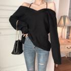 Cold-shoulder Ribbed Sweater Black - One Size