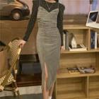 Puff-sleeve Polka Dot T-shirt / Spaghetti-strap Plain Shirred Split Dress