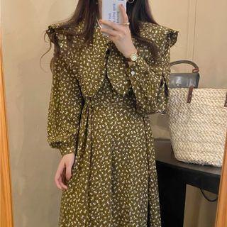 Long-sleeve Peter Pan Collar Floral Maxi Dress Green - One Size