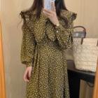 Long-sleeve Peter Pan Collar Floral Maxi Dress Green - One Size
