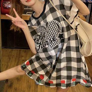 Short-sleeve Plaid Embroidered Mini Dress