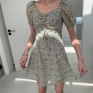 Floral Puff-sleeve Drawstring A-line Dress