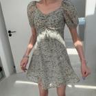 Floral Puff-sleeve Drawstring A-line Dress
