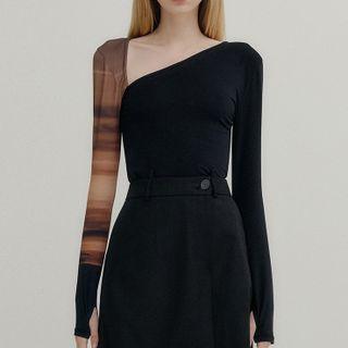 Long-sleeve Irregular Two-tone Fitted Top