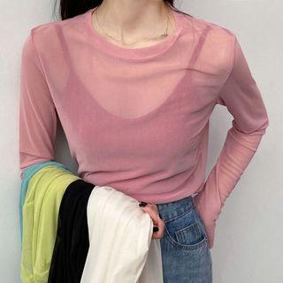 Plain Long-sleeve Crew-neck Mesh Top
