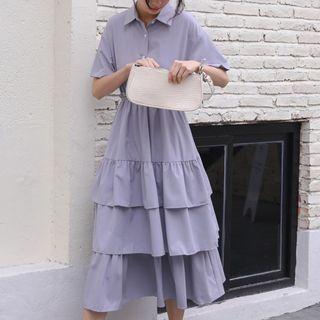 Short-sleeve Ruffle Trim Chiffon Midi Dress Purple - One Size