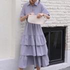 Short-sleeve Ruffle Trim Chiffon Midi Dress Purple - One Size