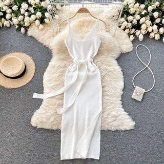 V-neck Slit Knit Spaghetti-strap Dress